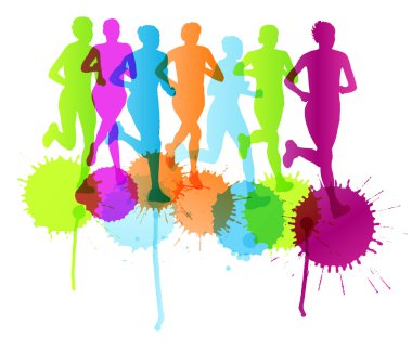 Kadınlar Maratonu bitirmek vektör arka plan ve runn grubu