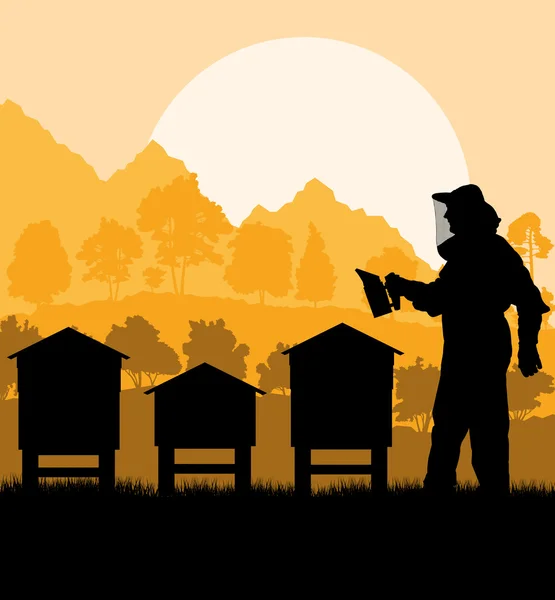 养蜂人在他的蜂房矢量背景中工作 — 图库矢量图片