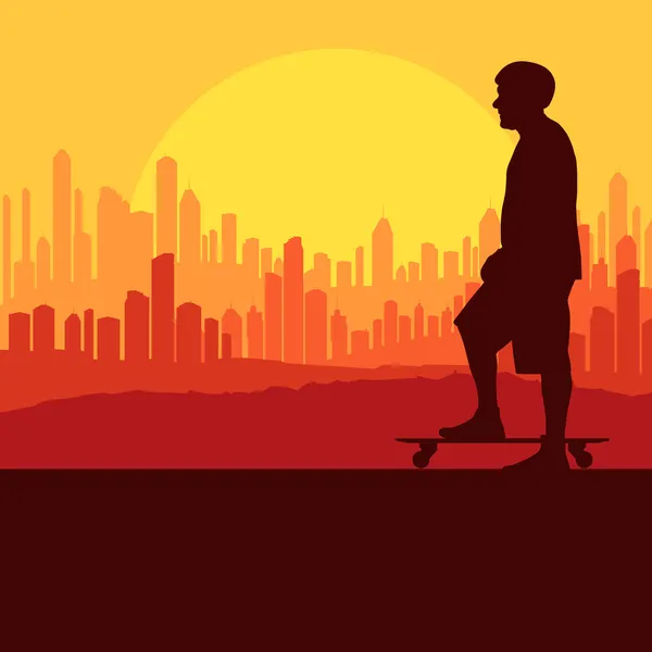 Skater silhouette in front of city landscape vector background — Stock Vector