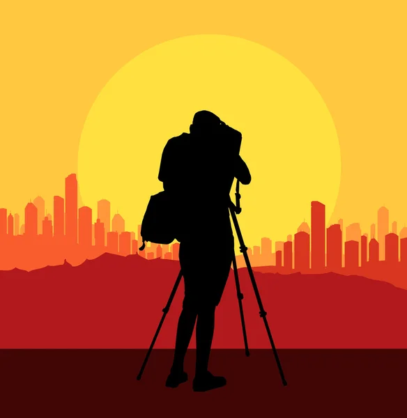 Cameraman silhouette vector background filming city — Stock Vector