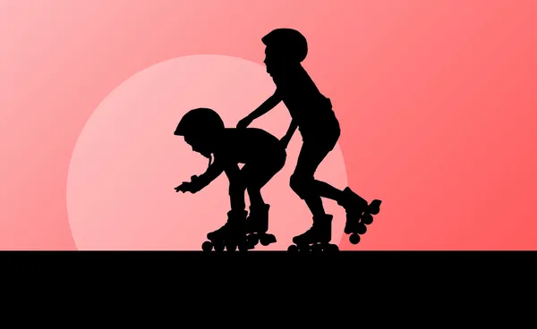 Lindos niños en patines vector fondo familia — Archivo Imágenes Vectoriales