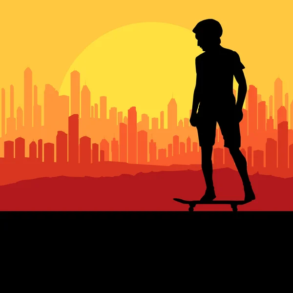 Skater silhouette in front of city landscape vector background — Stock Vector