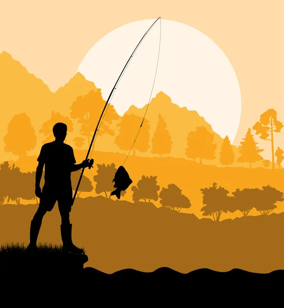 Pescador en el concepto de fondo vectorial de la mañana — Vector de stock