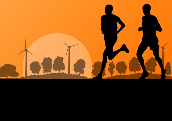 Hombre marathon runners in wild countryside forest nature landscape — Vector de stock