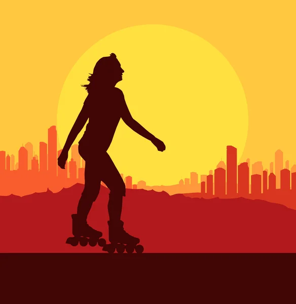 Mujer patinaje sobre ruedas vector de fondo con ciudad y puesta de sol — Vector de stock