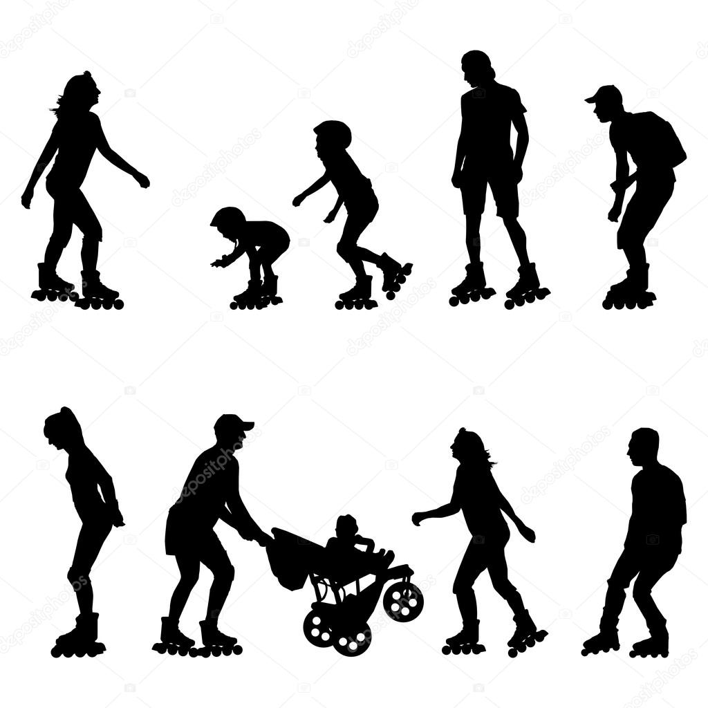 Roller skating, in line skaters vector background set with man,