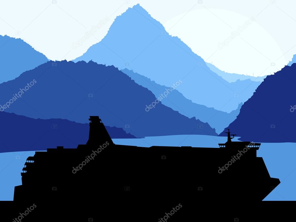 Travel ferry boat near mountains vector background concept