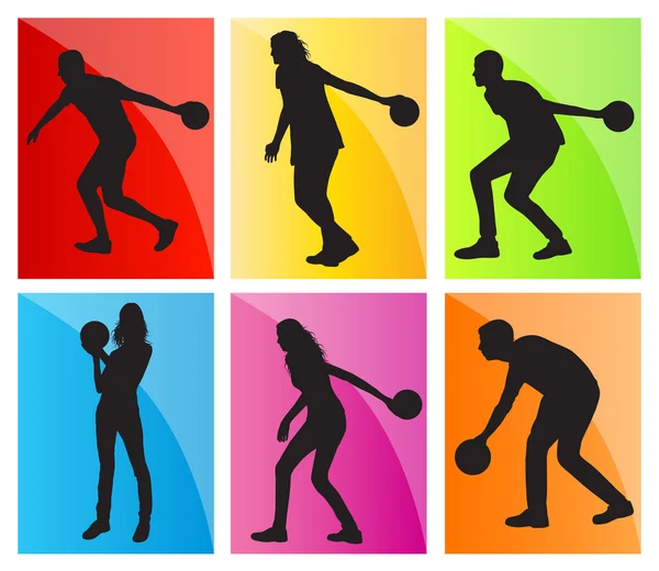 Bowling player silhouettes vector set background — Stock Vector