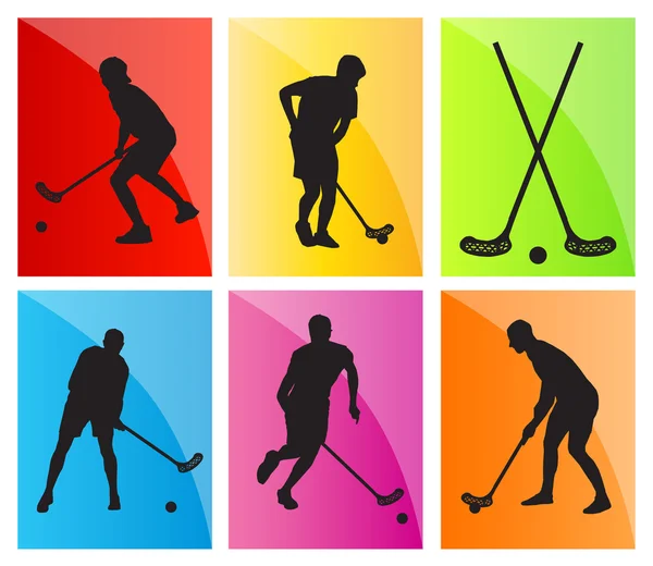 Floorball player vector silhouette background sport set — Stock Vector