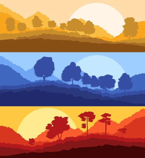 Bos bomen silhouetten landschap illustratie — Stockvector