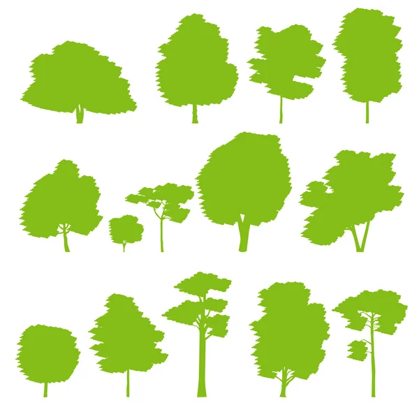 Bosque árboles siluetas vector fondo conjunto — Vector de stock