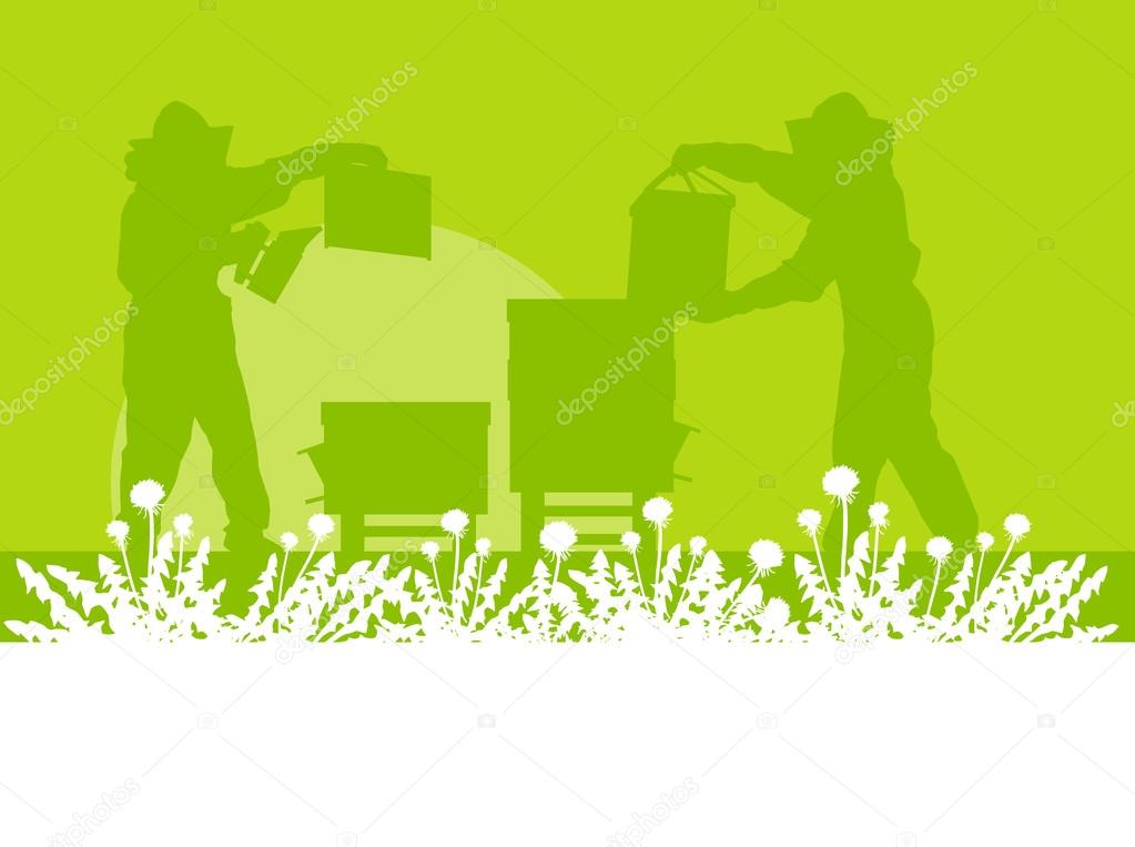 Beekeeper working in apiary vector background landscape
