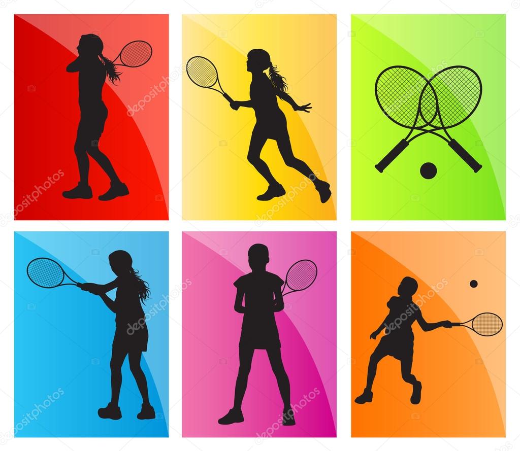 Tennis players silhouettes vector background set