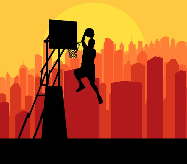 Jogador de basquete na frente da cidade por do sol vetor fundo conc — Vetor de Stock