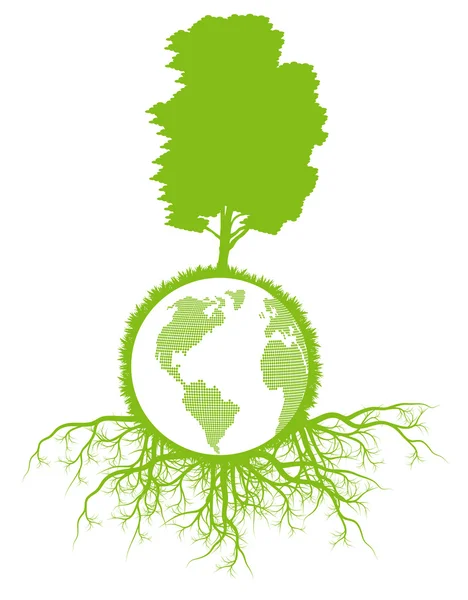 Baum mit Wurzeln und Planeten Hintergrund Ökologie Vektorkonzept — Stockvektor