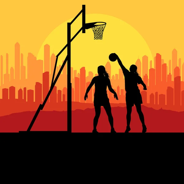 篮球运动员临城市日落矢量背景浓 — 图库矢量图片