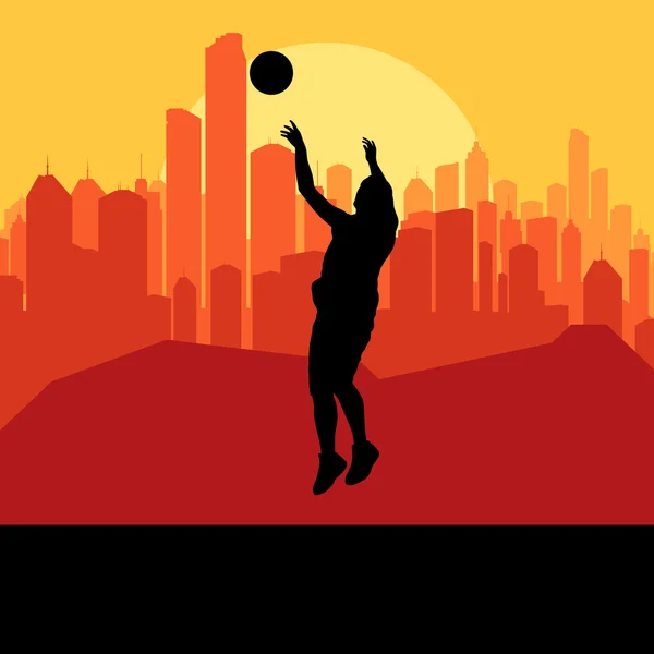 Basketbalspeler voor stad zonsondergang vector achtergrond — Stockvector