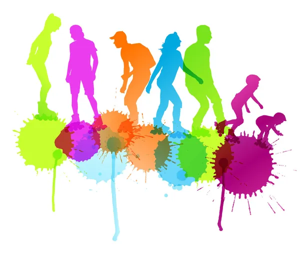 Rollerskating silhouettes vector background concept with ink spl — Stock Vector