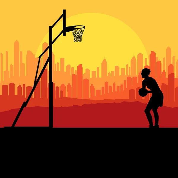 Giocatore di basket di fronte alla città tramonto vettore sfondo conc — Vettoriale Stock