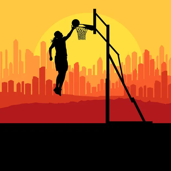 Giocatore di basket di fronte alla città tramonto vettore sfondo conc — Vettoriale Stock