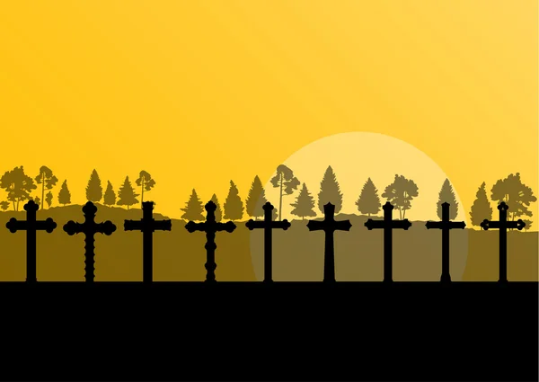 Kruis op een heuvel bij zonsondergang vector achtergrond concept landschap — Stockvector