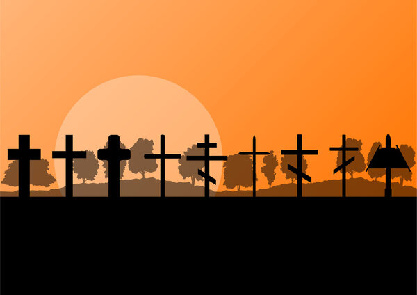 Крест на холме на векторном фоне заката
