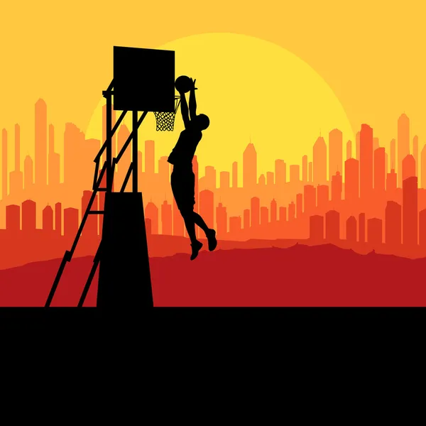 Jogador de basquete na frente da cidade por do sol vetor fundo conc — Vetor de Stock