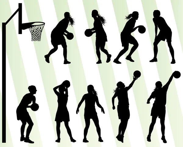 Women basketball vector background silhouette set — Stock Vector