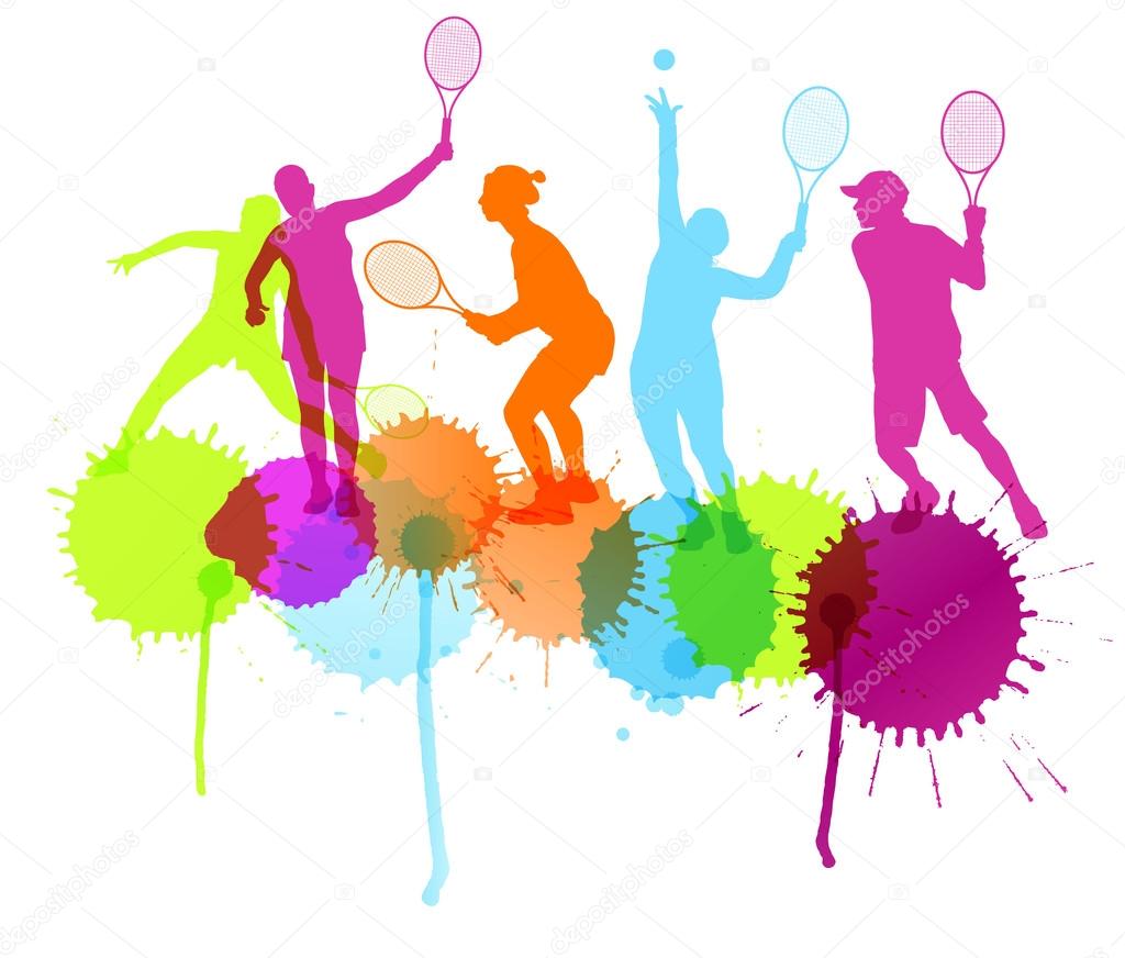 Tennis players silhouettes vector background concept with ink sp