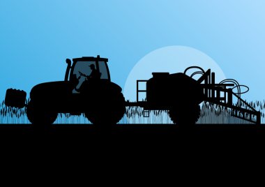 Agriculture tractor spraying pesticides in cultivated country gr clipart