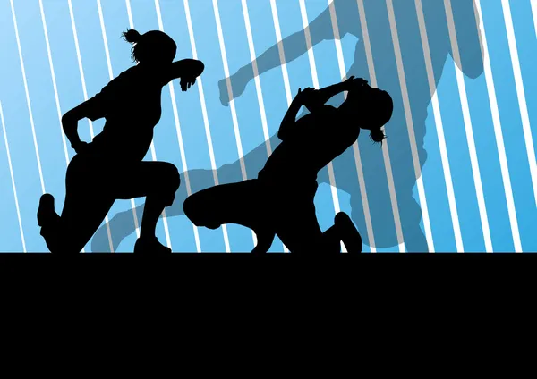 Arts martiaux femmes actives combattants de légitime défense silhouettes illu — Image vectorielle