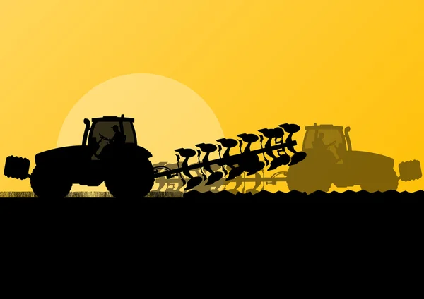 Сільськогосподарський трактор, що оранює землю в зернових культурах — стоковий вектор