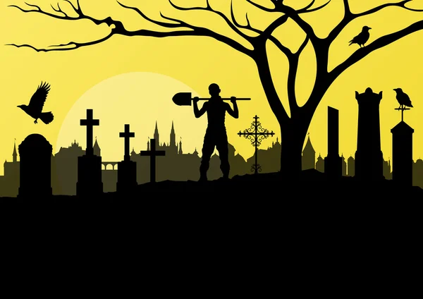 Halloween spooky graveyard, cemetery vintage background with gra — Stock Vector