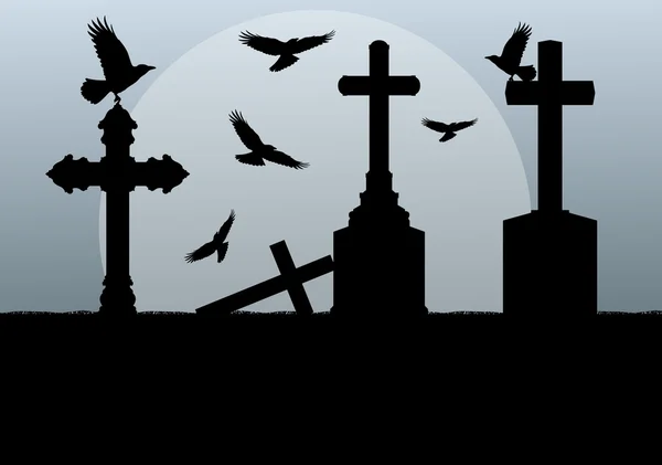 Halloween spooky graveyard, cemetery vintage background with gra — Stock Vector