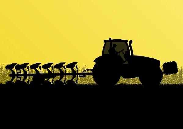 Сельскохозяйственный трактор, вспахивающий землю в зерно обрабатываемой страны — стоковый вектор