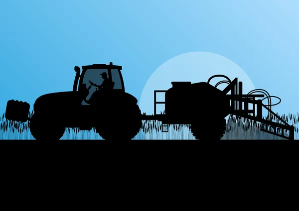 Jordbruk traktor sprutar bekämpningsmedel i odlade landet gr — Stock vektor