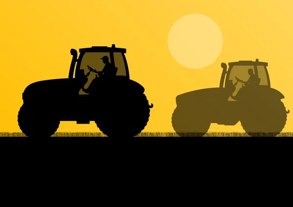 Tracteurs agricoles dans les champs cultivés paysage backg — Image vectorielle