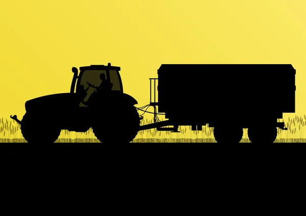 Tracteur agricole avec remorque de maïs en grai de campagne cultivé — Image vectorielle
