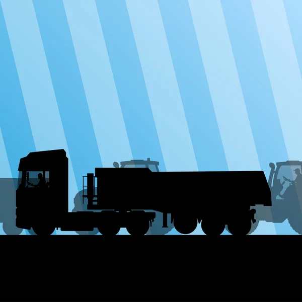 Remolque de camiones pesados y tractores en la construcción de carreteras industriales — Vector de stock