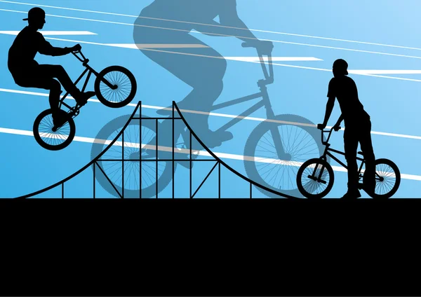 Extreme cyclist active sport silhouettes vector background — Stock Vector