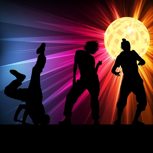 Silhouettes dansantes fond vectoriel boule disco — Image vectorielle