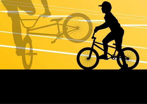 นักขี่จักรยานสุดขั้ว กีฬาที่ใช้งาน สีลูเอท เวกเตอร์พื้นหลัง — ภาพเวกเตอร์สต็อก