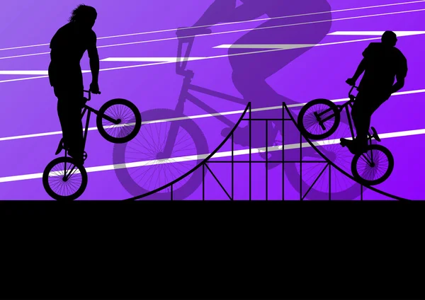 Extreme cyclist active sport silhouettes vector background — Stock Vector