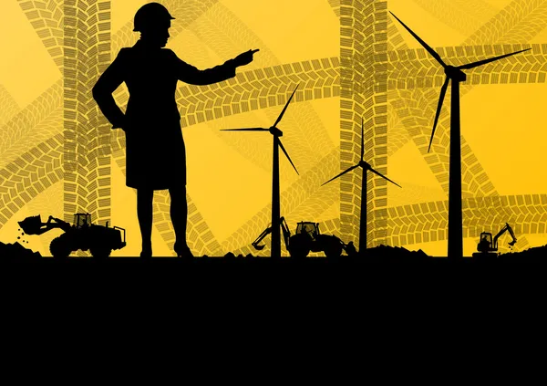 Wind elektriciteitsopwekkers met ingenieur bouwkunde vrouw en — Stockvector