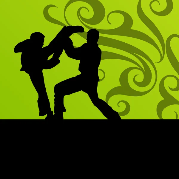 Activo tae kwon artes marciales cazas de combate luchando y kic — Vector de stock