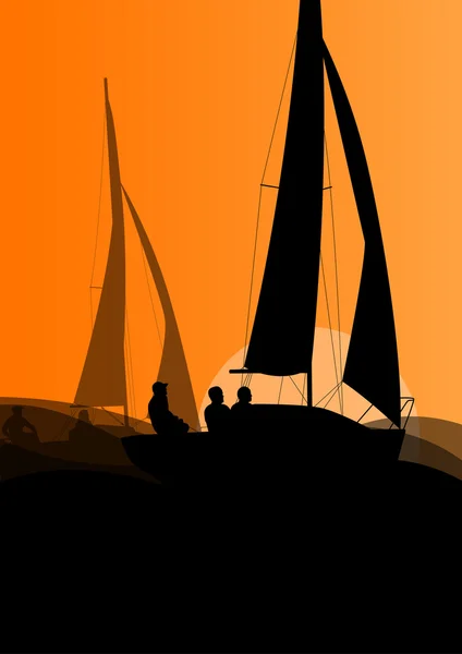 Yacht sport voile avec des hommes actifs dans la mer et l'océan fond — Image vectorielle