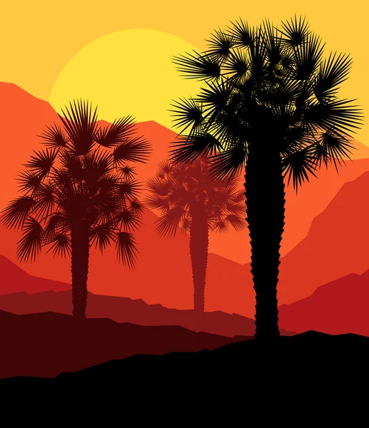 棕榈树热带落日神秘矢量背景 — 图库矢量图片
