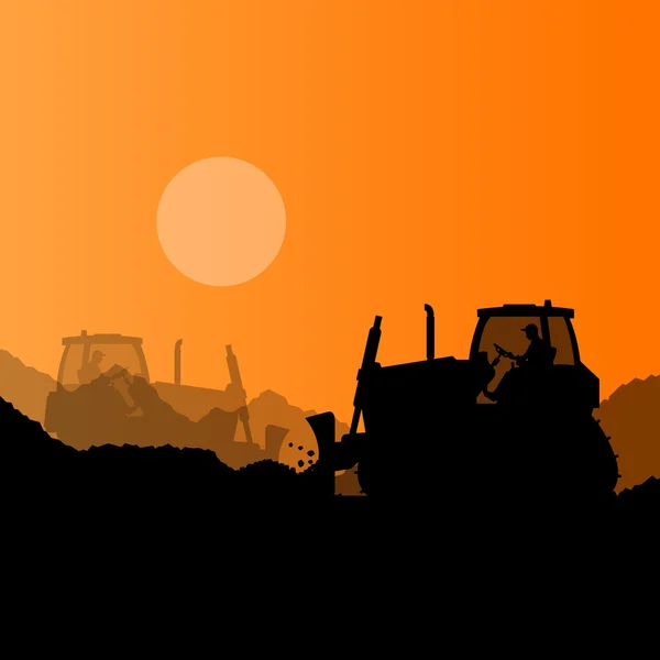 Bulldozer y excavadora cargadora en obra industrial v — Vector de stock