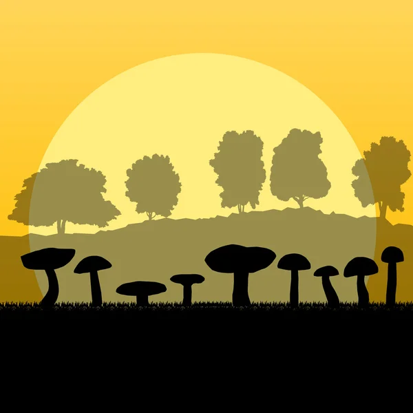 Mushrooms landscape in front of forest autumn vector background — Stock Vector