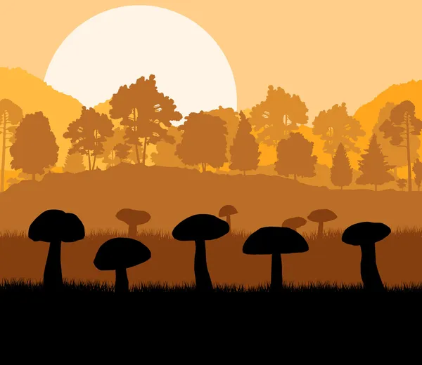 Mushrooms landscape in front of forest autumn vector background — Stock Vector